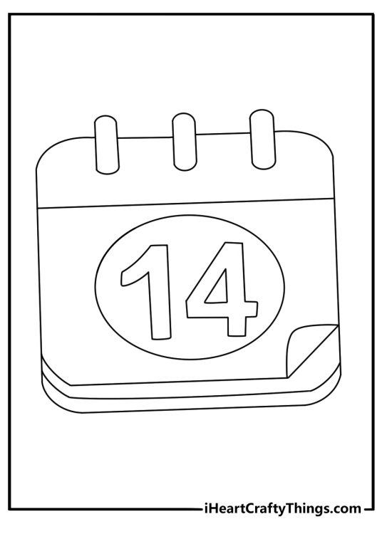 February calendar with 14 circled simple coloring page pdf
