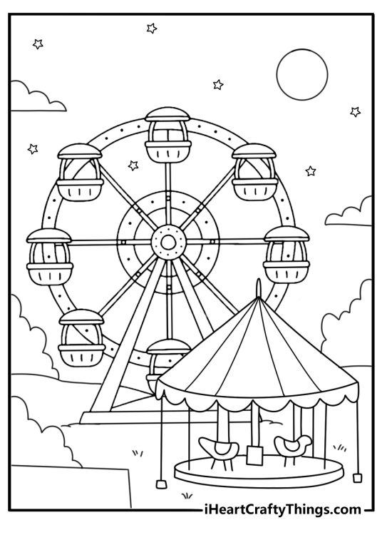 Ferris wheel night scene with moon and stars romantic coloring sheet download