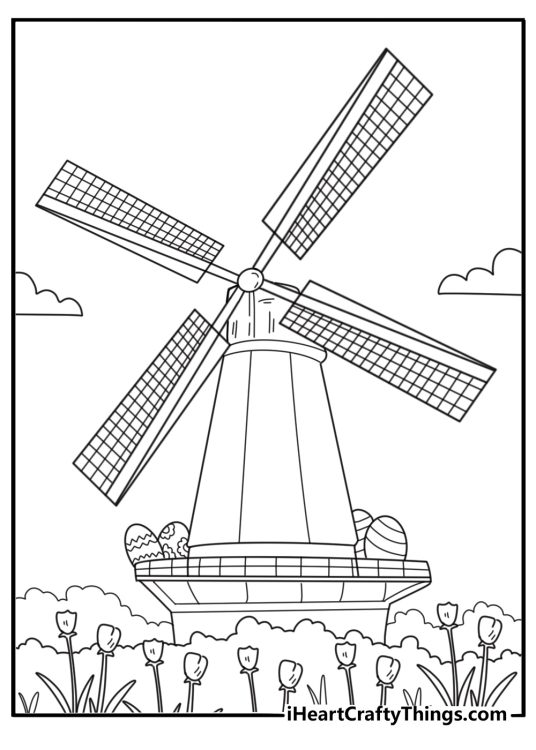 Free Easter coloring page with countryside windmill surrounded by tulips and eggs