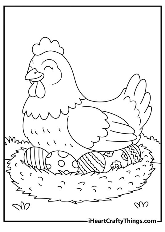 Free Easter coloring sheet with hen sitting on decorated eggs in straw nest