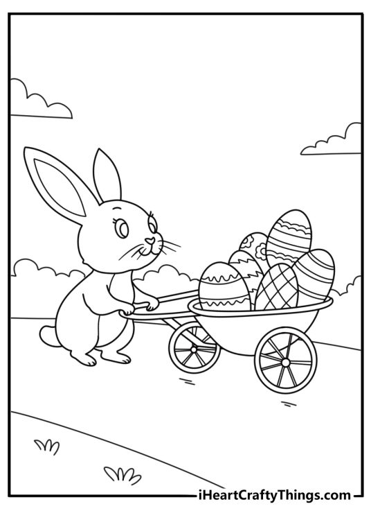 Free Easter coloring sheet with rabbit pushing wheelbarrow filled with painted eggs