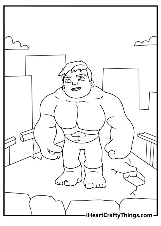 Free Spidey And His Amazing Friends printable showing Hulk beside a broken bridge