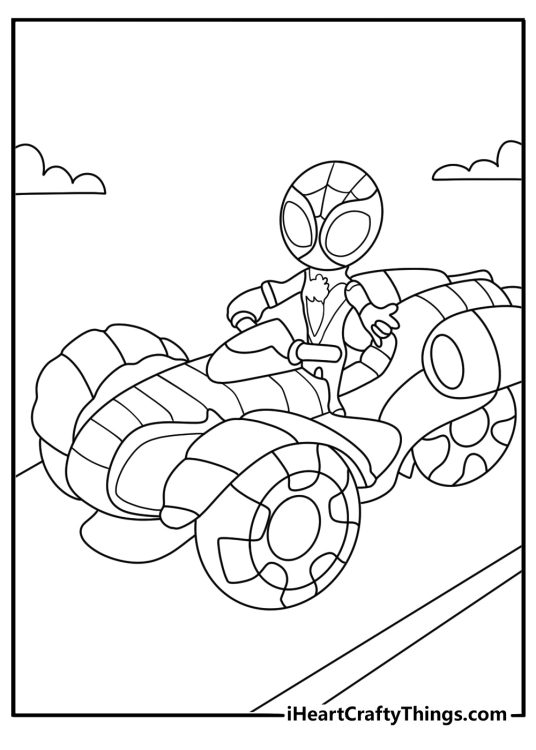 Free Spidey printable featuring Spin beside his spider vehicle