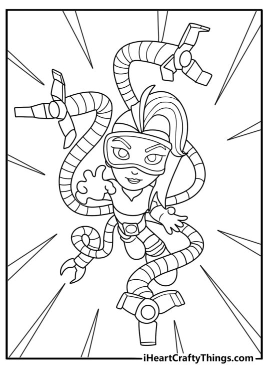 Free printable superhero sheet showing Doc Ock using her metal arms