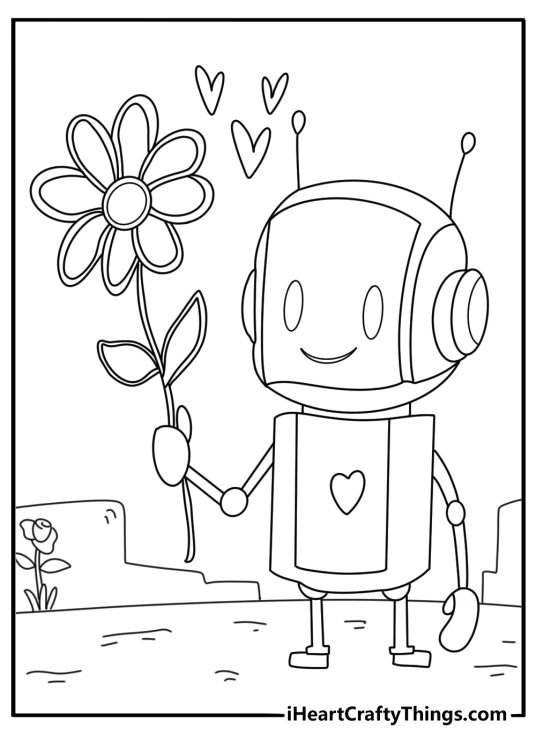 Friendly robot offering a wire flower easy valentines coloring page pdf