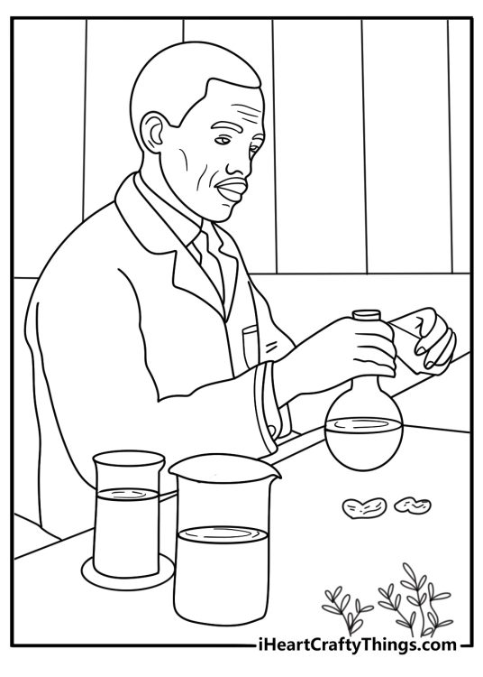 George Washington Carver in plant lab with peanut research easy coloring page for kids