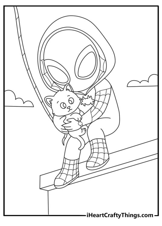 Ghost Spider helps a kitten down from a rooftop in this cute coloring sheet