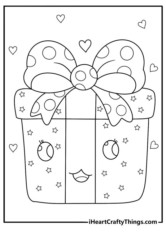 Gift box with big bow cute kawaii coloring page pdf
