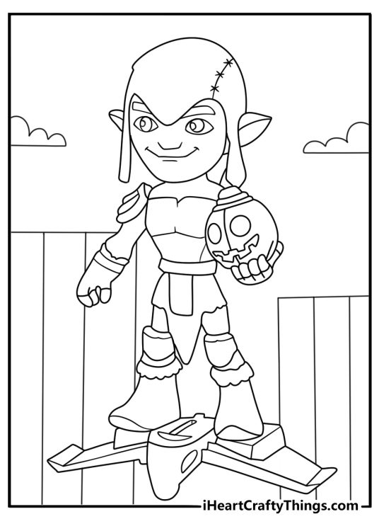 Green Goblin flies above the street on his glider in this action coloring page