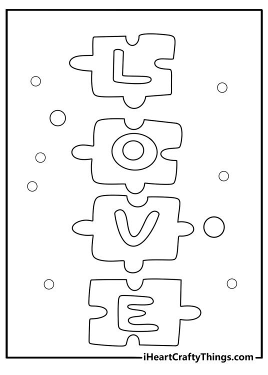 Interlocking puzzle pieces with word love simple coloring page