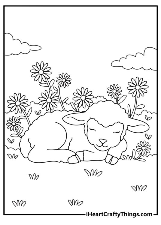 Kawaii Easter coloring sheet with baby lamb sleeping in nest of flowers