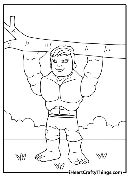 Kids can color Hulk lifting a fallen tree from the road