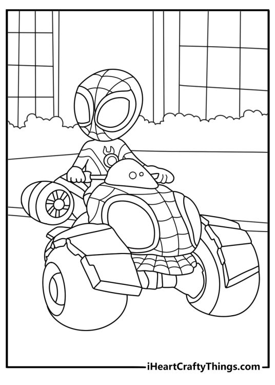 Kids can color Spin riding through the city on his spider bike
