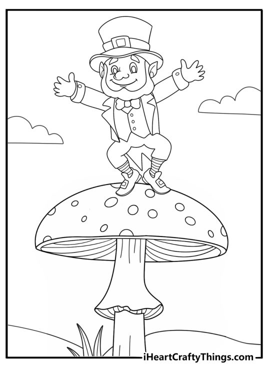 Leprechaun balancing on a toadstool mushroom in the forest kawaii coloring page