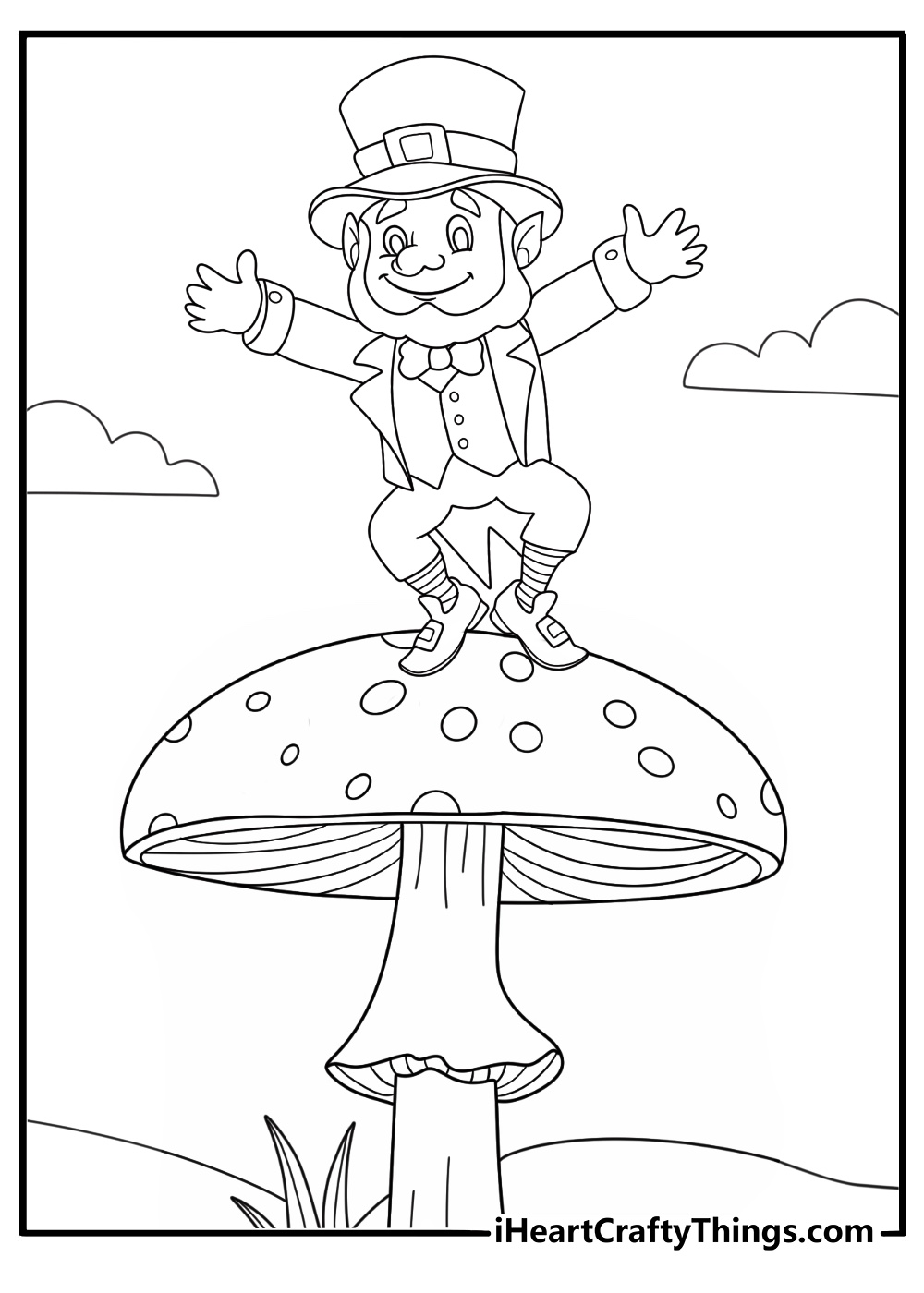 Leprechaun balancing on a toadstool mushroom in the forest kawaii coloring page