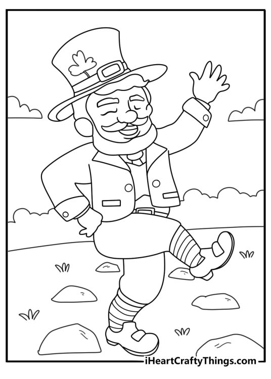 Leprechaun dancing a jig on a stone circle traditional pattern coloring sheet