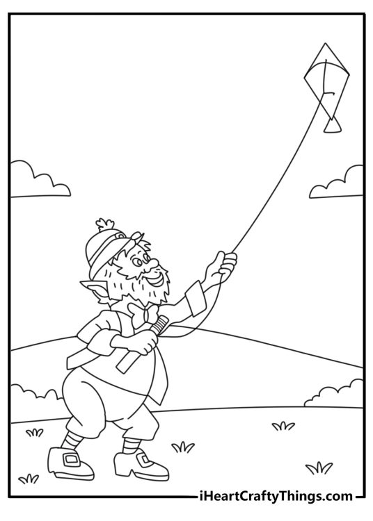 Leprechaun flying a kite over green fields windy day printable coloring sheet