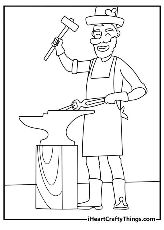 Leprechaun forging a horseshoe at an anvil workshop detailed coloring page for adults