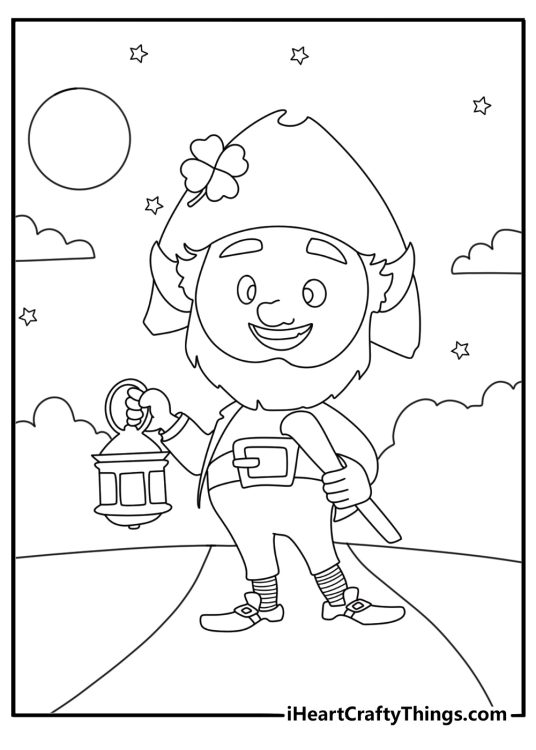 Leprechaun lighting a lantern on a moonlit path night scene coloring page pdf