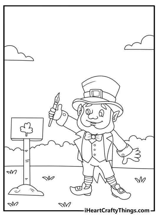 Leprechaun painting a wooden sign outside a burrow simple coloring page