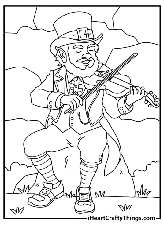Leprechaun playing a fiddle beside a stone wall simple coloring sheet for kids