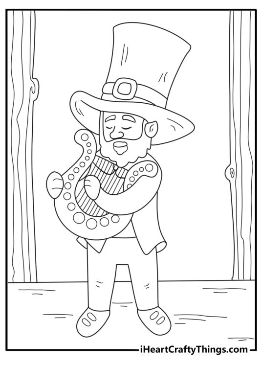 Leprechaun playing a harp on a cottage porch music themed Leprechaun coloring page