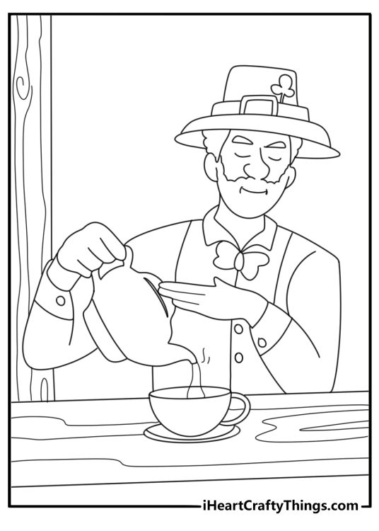 Leprechaun pouring tea from a kettle on a cottage table cozy coloring sheet pdf