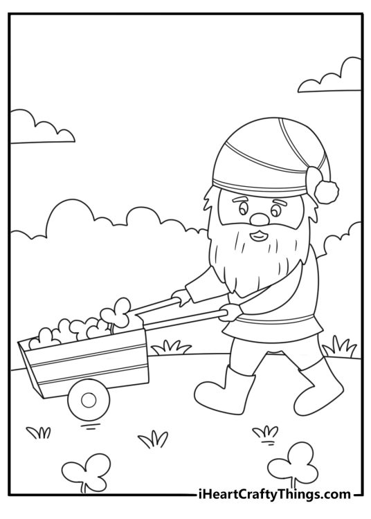 Leprechaun pushing a wheelbarrow of clover leaves garden coloring page for kids