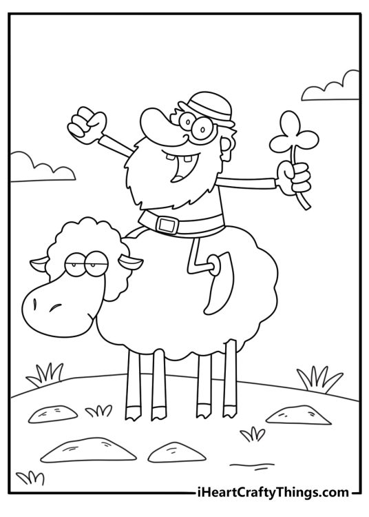 Leprechaun riding a sheep across a hill scene fun coloring printable