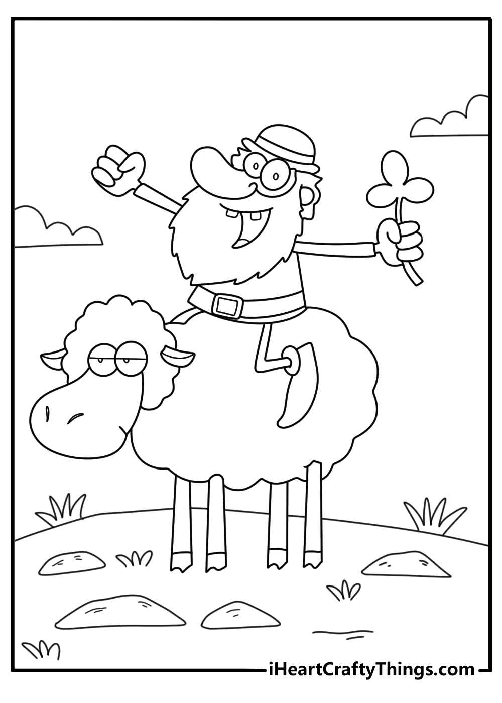 Leprechaun riding a sheep across a hill scene fun coloring printable