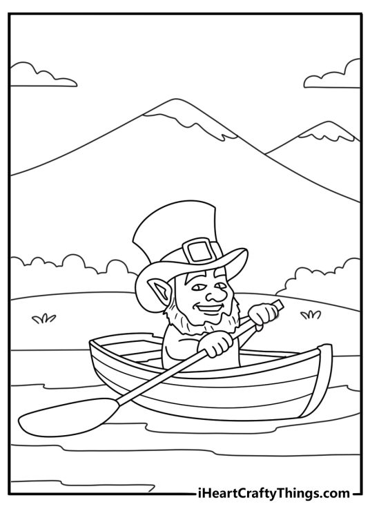 Leprechaun rowing a small boat on a lake mountain view coloring sheet for adults
