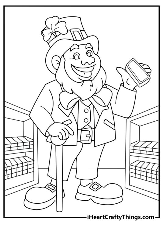 Leprechaun stacking gold bars in a cellar vault detailed printable coloring page