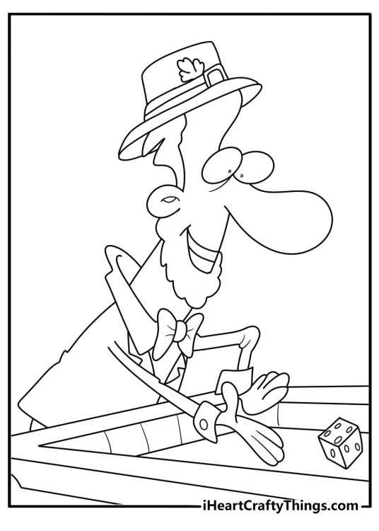 Leprechaun tossing dice on a pub table game night fun coloring page pdf