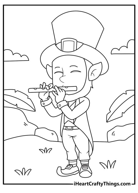 Leprechaun with a tin whistle near a forest stream cute kawaii printable coloring page