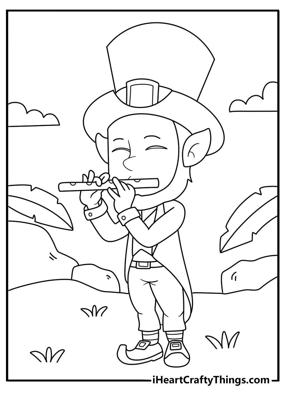 Leprechaun with a tin whistle near a forest stream cute kawaii printable coloring page