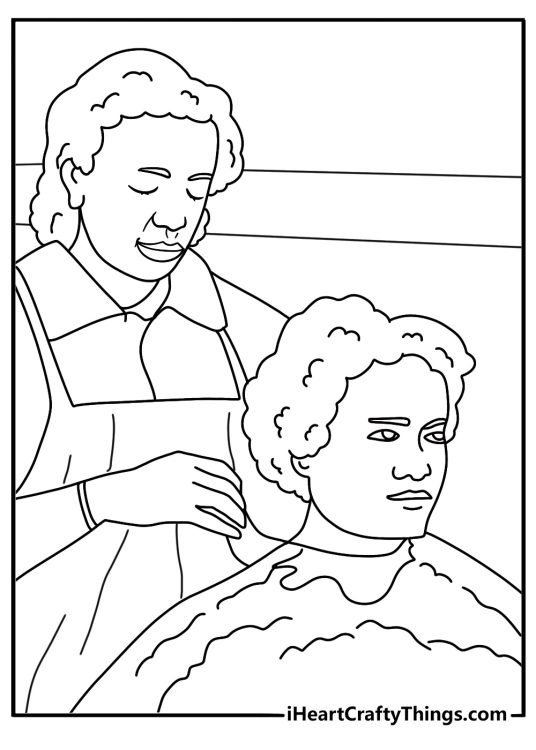Madam CJ Walker creating hair care formulas in workshop kawaii cute coloring sheet pdf download