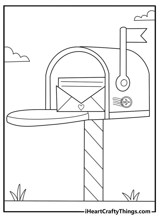 Mailbox with flag up and flying stamps fun coloring printable for kids