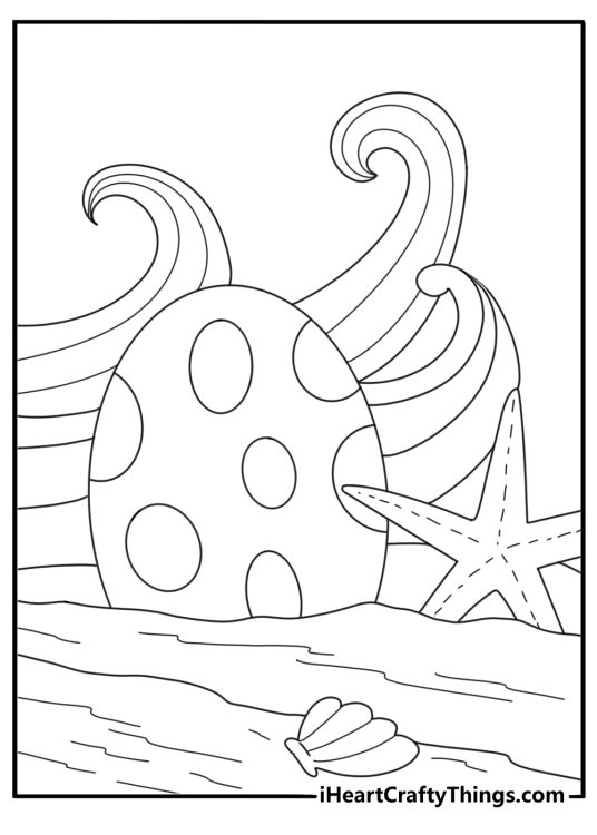 Ocean scene Easter egg with waves fish and shell fun coloring printable