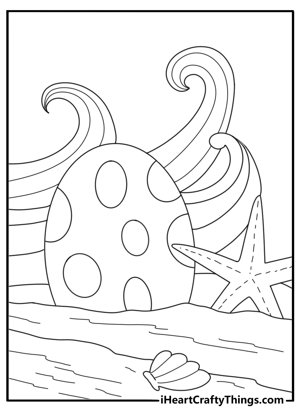 Ocean scene Easter egg with waves fish and shell fun coloring printable