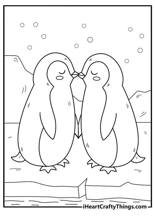 Penguins touching beaks on ice cute coloring sheet printable