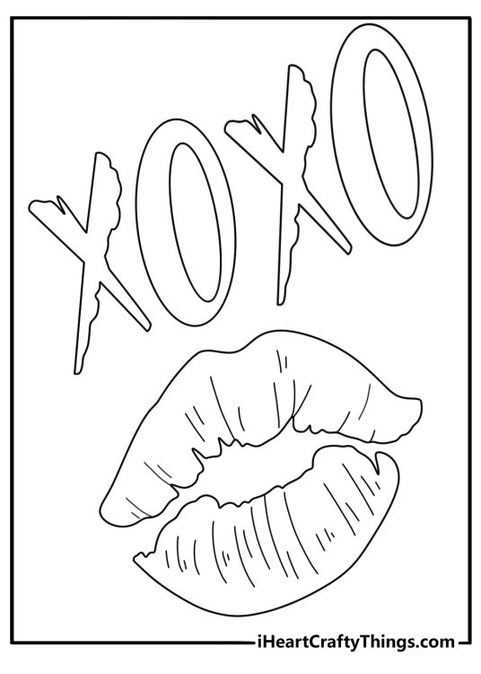 Postage stamp set with lip print and X O letters fun coloring printable