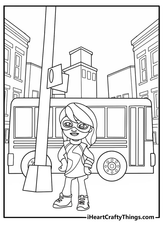 Printable Spidey coloring page featuring Ms Marvel beside a city bus
