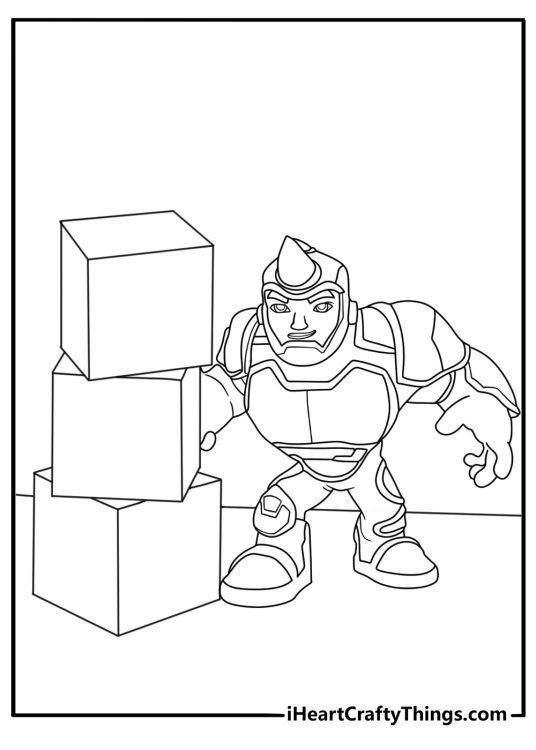 Printable coloring sheet featuring Rhino pushing through a stack of boxes
