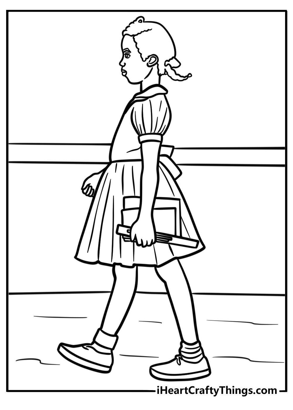 Ruby Bridges walking to school with bravery detailed coloring sheet