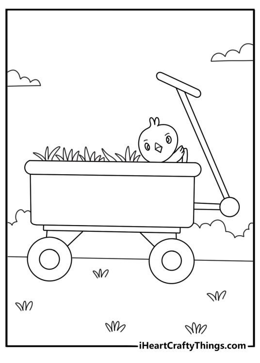 Simple Easter coloring page with chick riding in toy wagon filled with grass