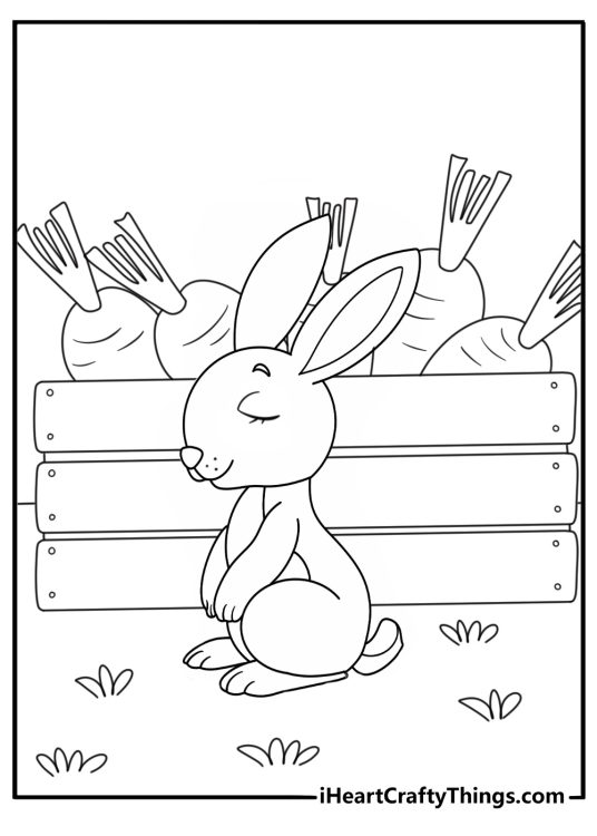 Simple Easter coloring page with rabbit resting near stack of carrot crates