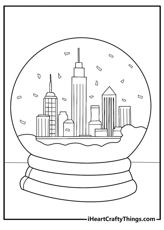 Snow globe with tiny city and falling confetti cute coloring sheet pdf
