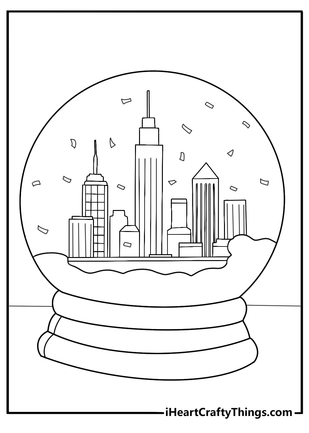 Snow globe with tiny city and falling confetti cute coloring sheet pdf