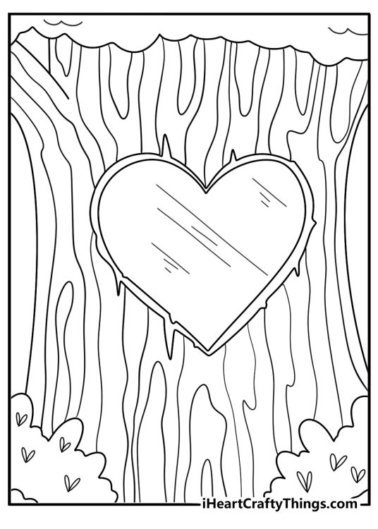 Tree trunk with carved initials inside a frame detailed coloring page for adults