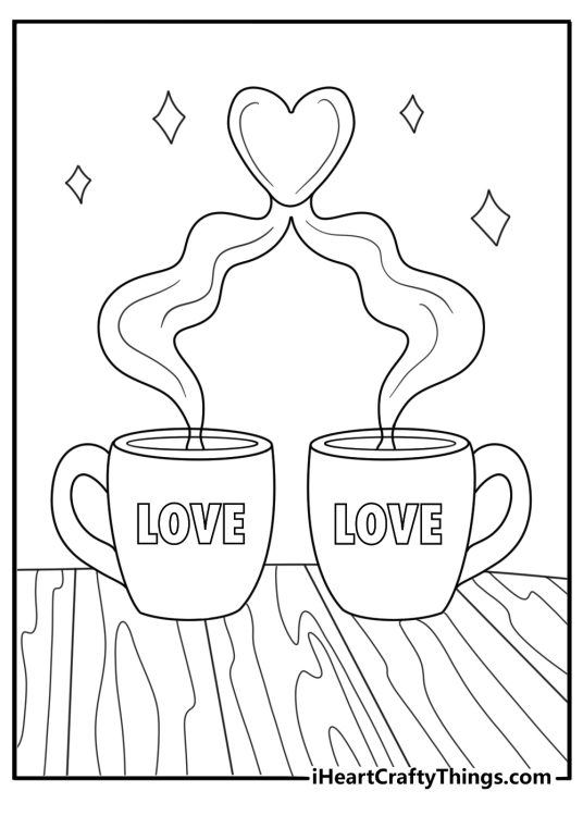 Two cocoa mugs with steam spelling love cozy coloring page for kids